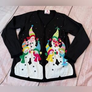 Vintage Women's Quacker Factory Christmas Snowman Cardigan Sweater Size M